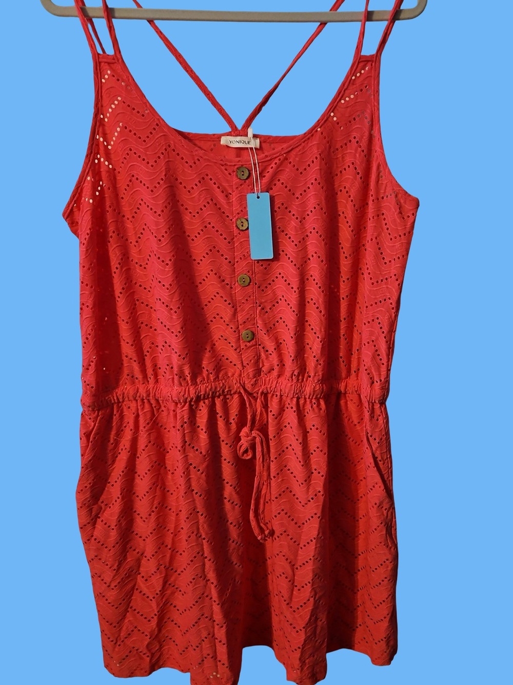 Younique Red Eyelet Button-Front One-Piece Romper with Drawstring